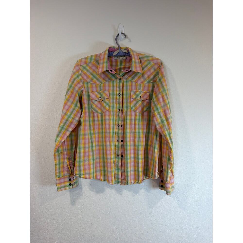 VINTAGE ROCKIES PEARL SNAP BUTTON DOWN WESTERN SHIRT. SIZE L